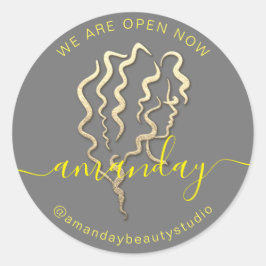 我々はオープン金ゴールドロゴ灰色の黄色の名前の髪の美しい ラウンドシール