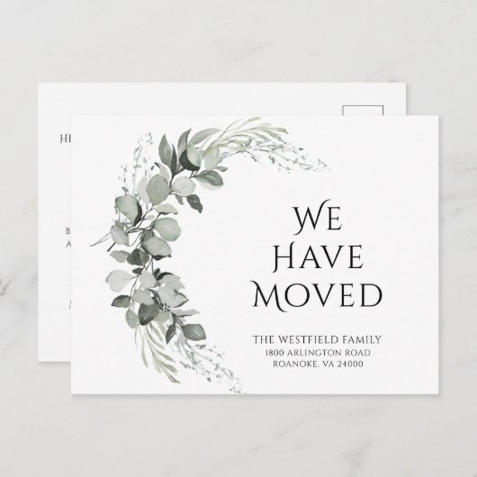 我々はグリーンユーカリの新しいアドレスを移動 案内ポストカード (正面/裏面)