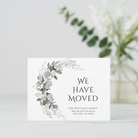 我々はグリーンユーカリの新しいアドレスを移動 案内ポストカード (スタンド正面)