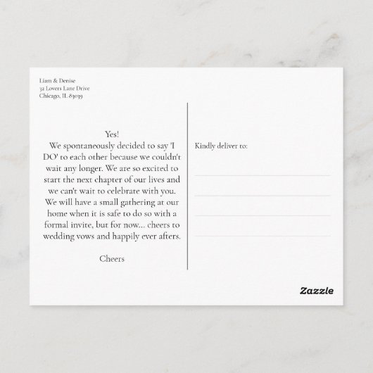 我々はスクリプトエレガントの結婚の発表を逃れた ポストカード (裏面)