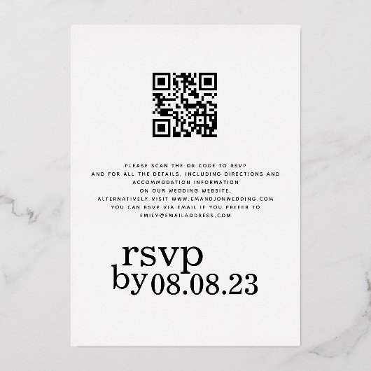我々はスタイリッシュ文字QRコード金ゴールドフォイル実在インビティを行う 箔招待状 (裏面)