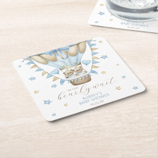 我々はツインボーイ赤ちゃんシャワーを待つことができる スクエアペーパーコースター (アングル)