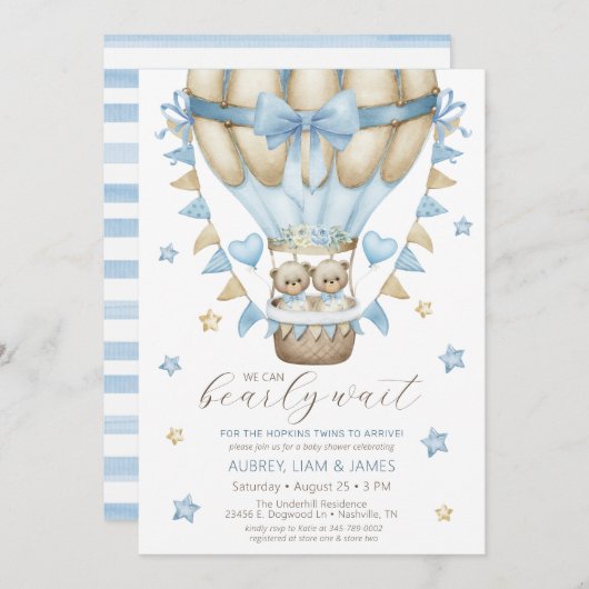 我々はツインボーイ赤ちゃんシャワーを待つことができる 招待状 (正面/裏面)