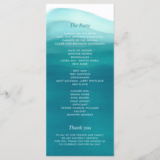 我々はティール（緑がかった色）グラデーション水彩波結婚波 プログラム (裏面)