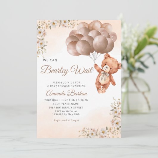 我々はバルーンを待つことができるフローラ男の子のシャワー 招待状 (スタンド正面)