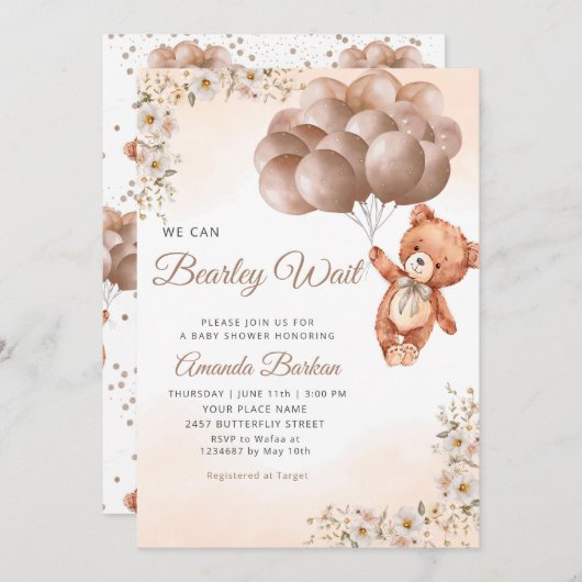 我々はバルーンを待つことができるフローラ男の子のシャワー 招待状 (正面/裏面)