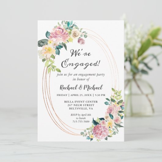 我々はパステル婚約したフローラフレーム婚約パーティ 招待状 (スタンド正面)