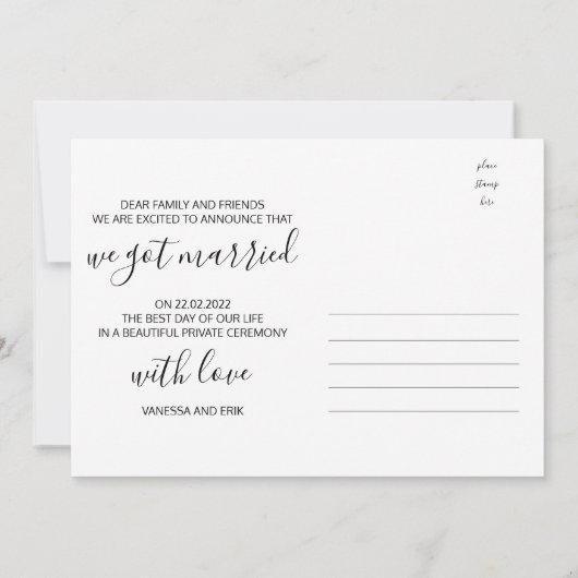 我々はビーチで逃げ結婚したた結婚写真 案内状 (裏面)