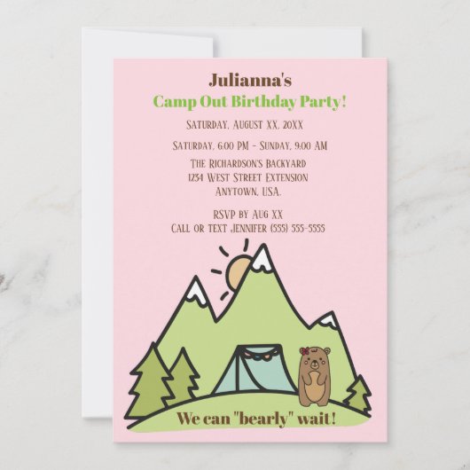 我々はピンクのキャンプの誕生日パーティーを待つことができる 招待状 (正面)