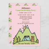 我々はピンクのキャンプの誕生日パーティーを待つことができる 招待状 (正面/裏面)