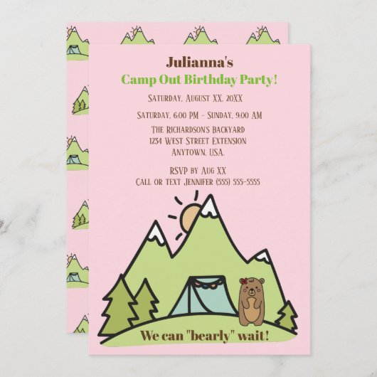 我々はピンクのキャンプの誕生日パーティーを待つことができる 招待状 (正面/裏面)