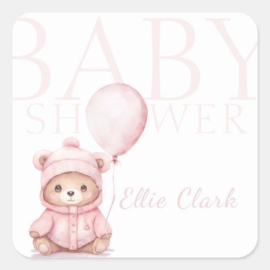 我々はピンクのクマの赤ちゃんシャワーを待つことができる スクエアシール (正面)