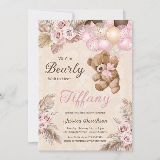 我々はピンクのパンパスグラスベビーシャワーを待つことができる 招待状 (正面)