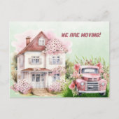 我々はピンクのヴィンテージトラックと家を移動している ポストカード (正面)