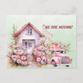 我々はピンクのヴィンテージトラックと家を移動している ポストカード (正面)