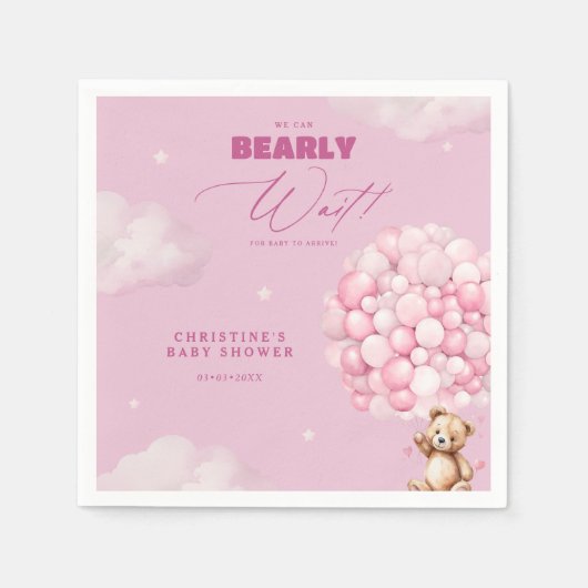 我々はピンクの女の子の赤ちゃんシャワーナプキンを待つことができる スタンダードカクテルナプキン (正面)