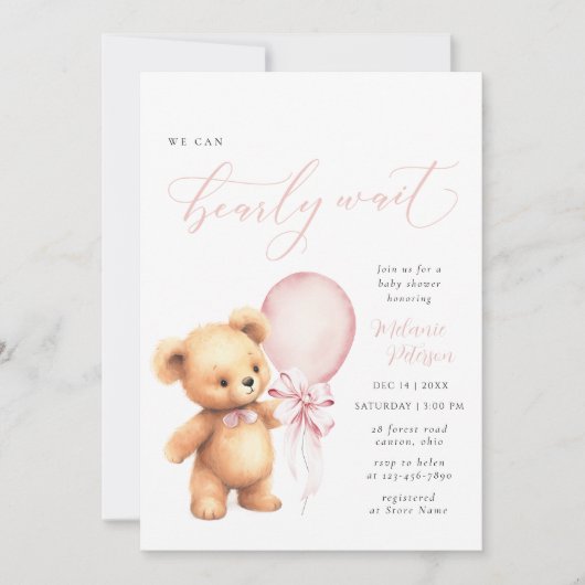 我々はピンクの弓バルーンベビーシャワーを待つことができる 招待状 (正面)