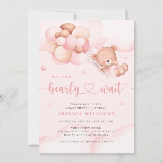 我々はピンクの赤ちゃんシャワー招待状を待つ 招待状 (正面)