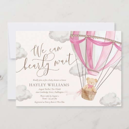 我々はピンクの赤ちゃんシャワー招待状を待つ 招待状 (正面)