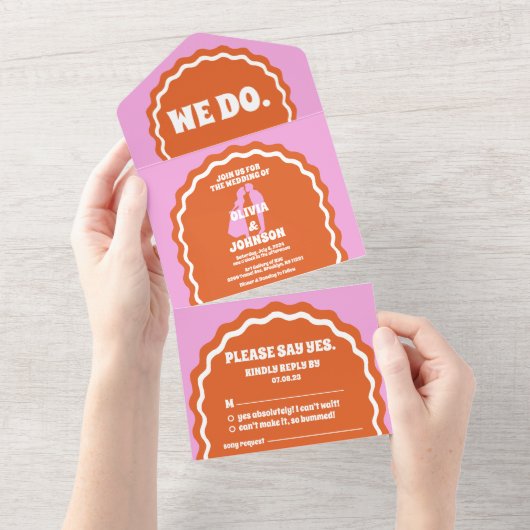 我々はピンクモダンオはっきりしたレンジレトロ波形アーチ オールインワン招待状 (貼ってはがせる)