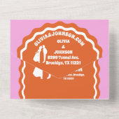 我々はピンクモダンオはっきりしたレンジレトロ波形アーチ オールインワン招待状 (裏面)