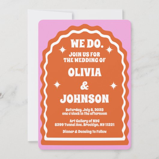 我々はピンクモダンオはっきりしたレンジレトロ波形アーチ 招待状 (正面)