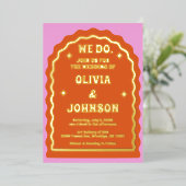 我々はピンクモダンオはっきりしたレンジレトロ波形アーチ 箔招待状 (立ち正面)