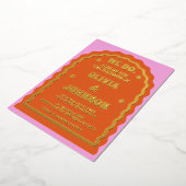 我々はピンクモダンオはっきりしたレンジレトロ波形アーチ 箔招待状 (回転した状態)