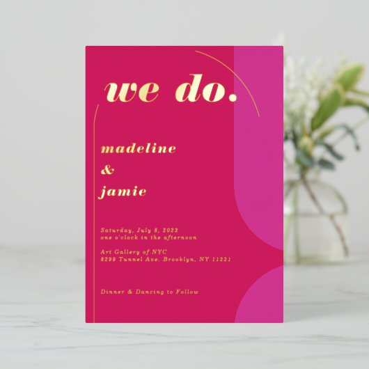 我々はピンクモダンマはっきりしたゼンタレトロ抽象芸術 箔招待状 (立ち正面)