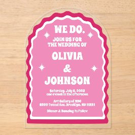 我々はピンクモダンマはっきりしたゼンタレトロ波弓アーチ アクリル招待状