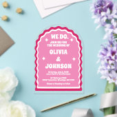 我々はピンクモダンマはっきりしたゼンタレトロ波弓アーチ アクリル招待状 (インサイチュ (ウェディング))