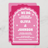 我々はピンクモダンマはっきりしたゼンタレトロ波弓アーチ 招待状 (正面/裏面)