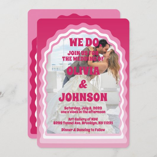 我々はピンクモダンマゼンタレトロ波状アーチ写真をする 招待状 (正面/裏面)
