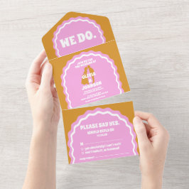 我々はピンクモダン黄はっきりしたレトロ波弓 オールインワン招待状