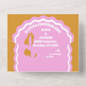 我々はピンクモダン黄はっきりしたレトロ波弓 オールインワン招待状 (裏面)