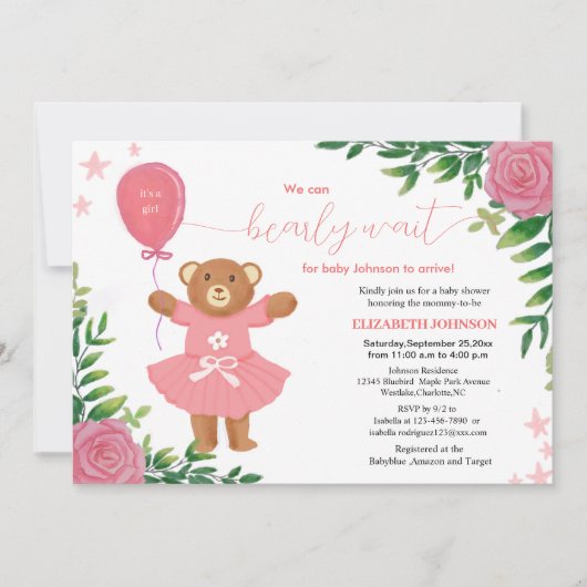 我々はフローラテディ女の子の赤ちゃんシャワーを心から待つ 招待状 (正面)