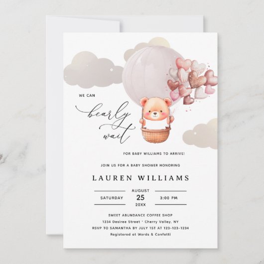 我々はベアガールベビーシャワーエレガントを待つことができる 招待状 (正面)