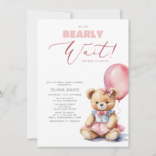 我々はベアバルーン女の子の赤ちゃんシャワーを待つことができる 招待状 (正面)