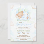 我々はベアブルーグリーンボーイ赤ちゃんシャワーを待つことができる 招待状 (正面)