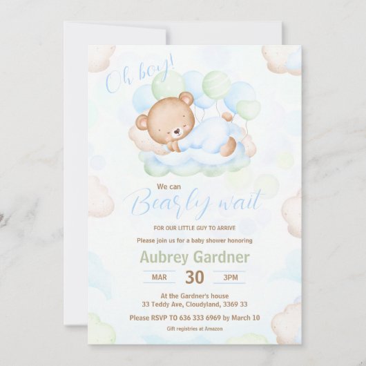 我々はベアブルーグリーンボーイ赤ちゃんシャワーを待つことができる 招待状 (正面)