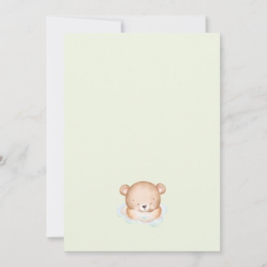 我々はベアブルーグリーンボーイ赤ちゃんシャワーを待つことができる 招待状 (裏面)