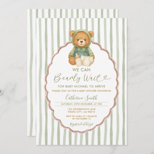 我々はベアベビーシャワー緑のを待つことができストライプる 招待状 (正面/裏面)