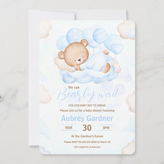 我々はボーイブルーベアーベビーシャワーを待つことができる 招待状 (正面)