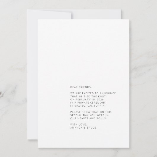 我々はミニマスタイリッシュリストモダンの駆け結婚落ち 案内状 (裏面)