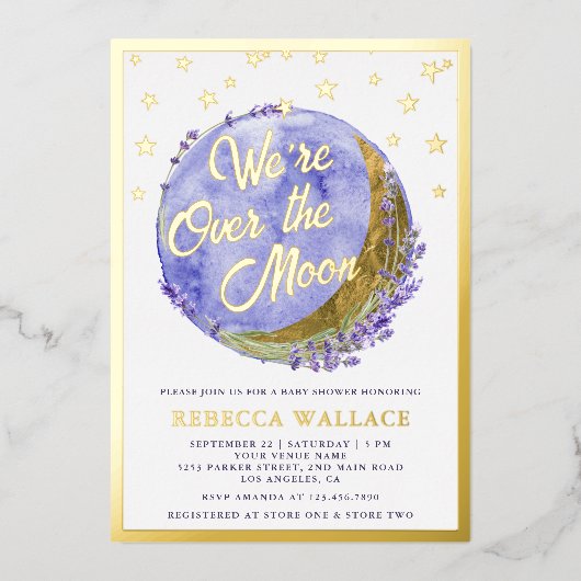 我々はムーンラベンダーベビーシャワー金ゴールド上にいる 箔招待状 (正面)