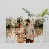 我々はレトロ結婚の写真バラ金ゴールドフォイルカードを駆け落とし 箔招待状 (立ち正面)