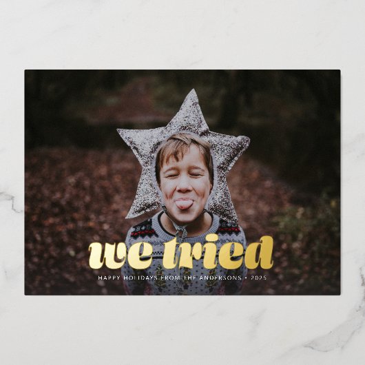 我々は写真のおもしろいクリスマスフォイルのホリデーカードを試した 箔シーズンカード (正面)