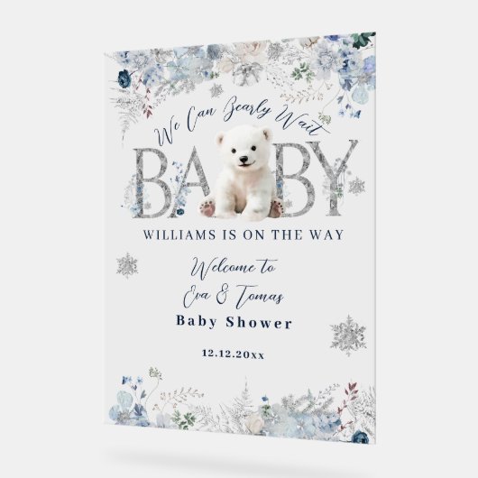 我々は冬のクマの男の赤ちゃんシャワーを待つことができる アクリルサイン (傾斜)