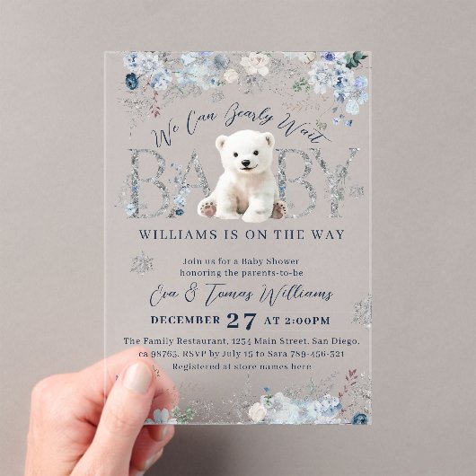 我々は冬のクマの男の赤ちゃんシャワーを待つことができる アクリル招待状 (インサイチュ (ポータブル))