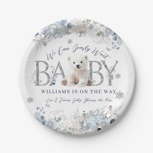 我々は冬のクマの男の赤ちゃんシャワーを待つことができる ペーパープレート (正面)